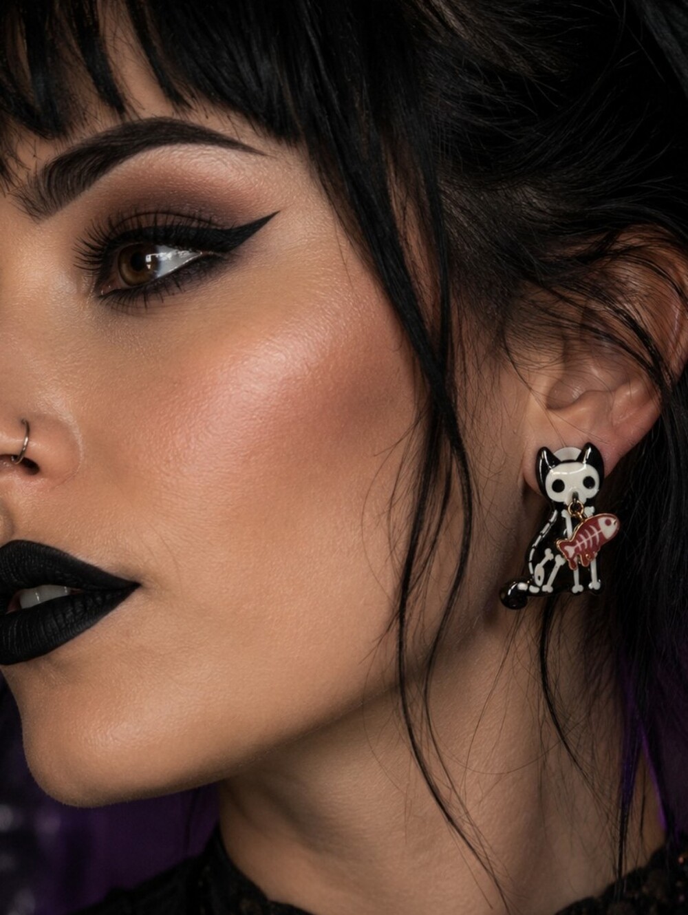 Cat Earrings Skeleton Kitty With Fish Halloween Accessories Goth Fashion Jewelry